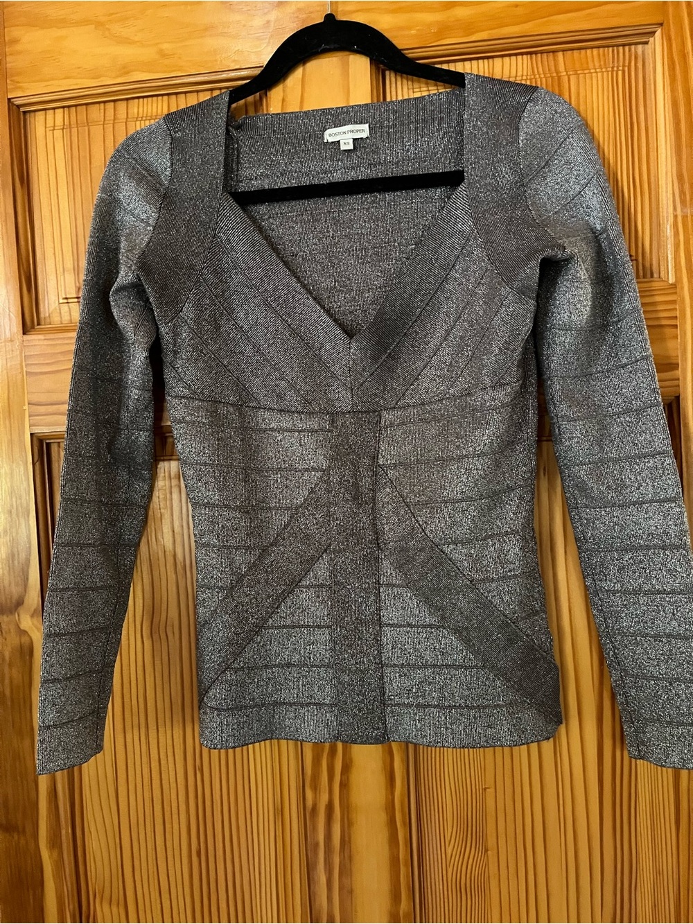 Boston Proper Metallic Silver V-Neck Knit Sweater